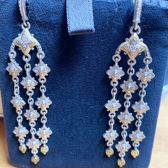 JUDITH RIPKA WINDSOR STERLING SILVER 18KT GOLD SAPPHIRE CHANDELIER EARRINGS - Picture 2 of 6